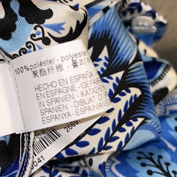 NWT Zara Navy Aqua Blue & White Floral Satin Button Down Blouse - L - Picture 14 of 16